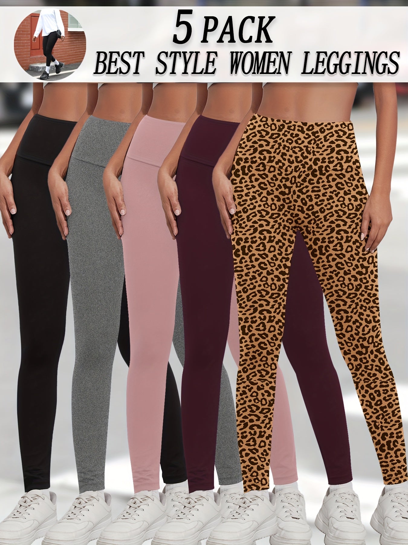 5 Pack Women's High Waisted Tummy Control Workout Leggings - Full Coverage Non-See Through Yoga Running Pants, 5 Colors (Solid), Soft Stretch Gym Athletic Pants for Postpartum & Body Contouring, Multi-Use for Gym, Dance, Casu