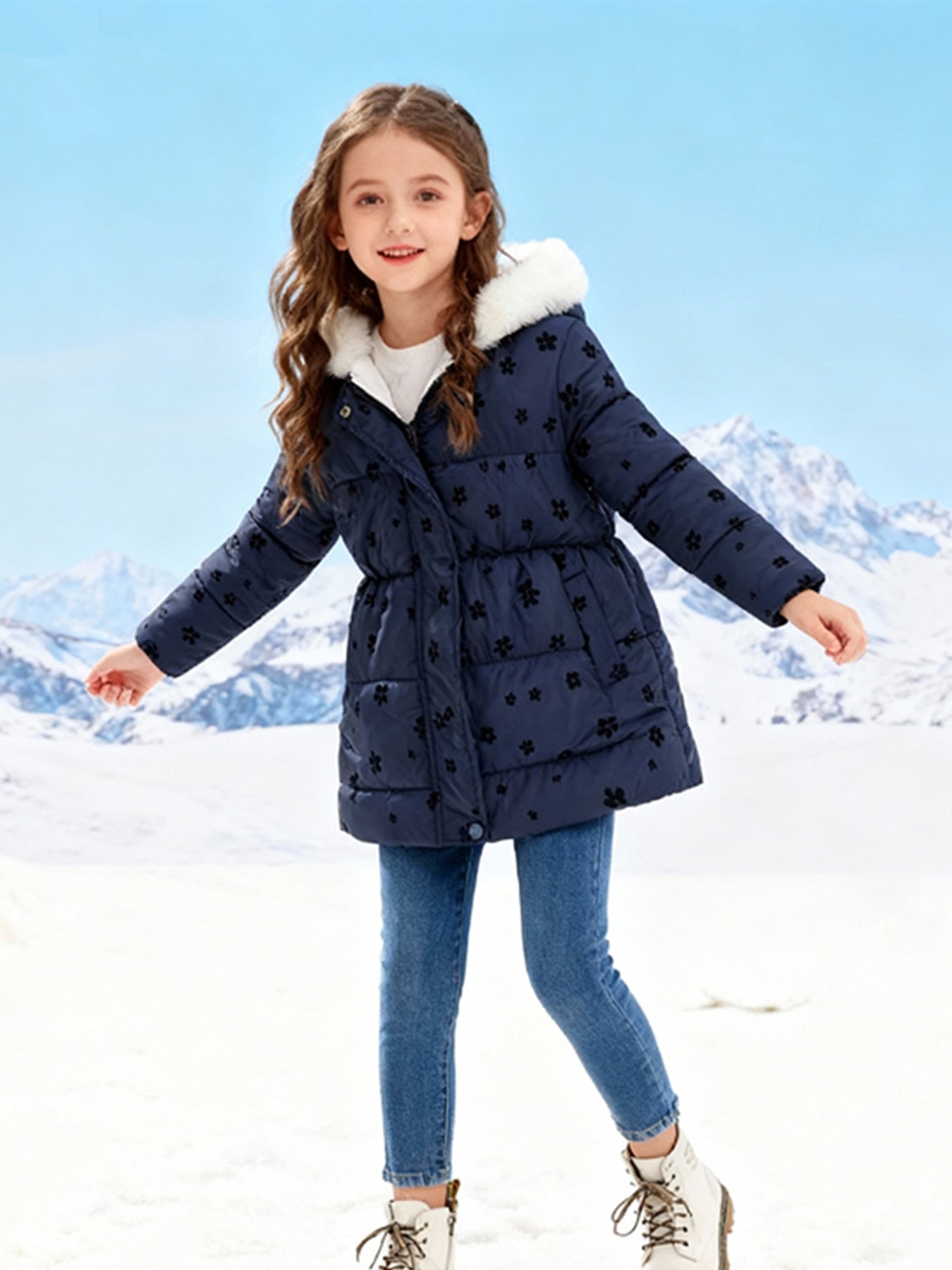 Autumn-Winter New Arrival Girls' -Lined Floral Print Hooded Coat, Fashionable Long Waistcoat for Toddlers and Kids
