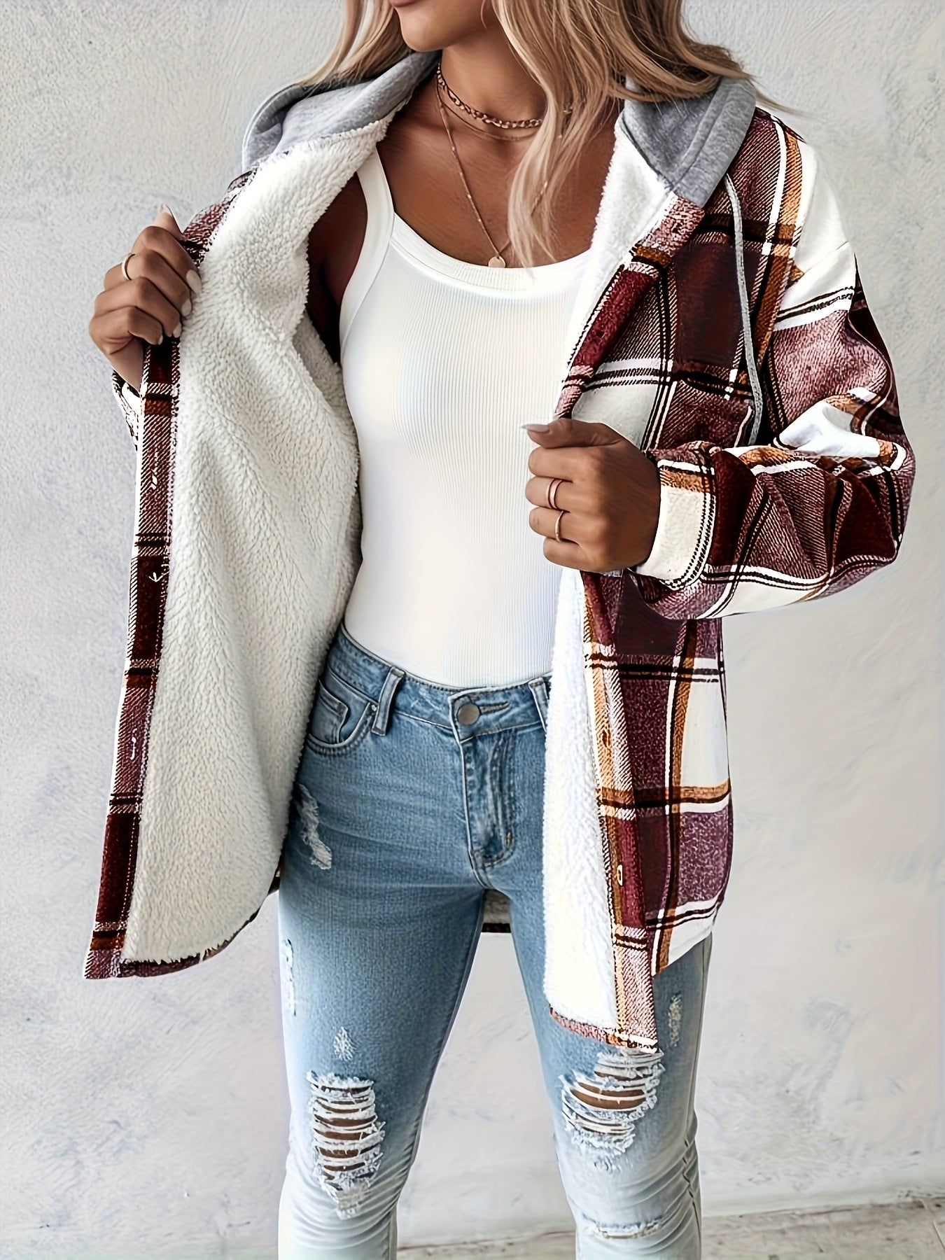 Women'S Oversized Checkered Jacket with Fleece Lining - Hooded Plaid Coat, Long Sleeve Casual Winter Spring Fall Outerwear, Brown/Black/Gray/Beige Tartan Pattern, Machine Washable Relaxed Fit Jacket for Everyday & Formal Outf
