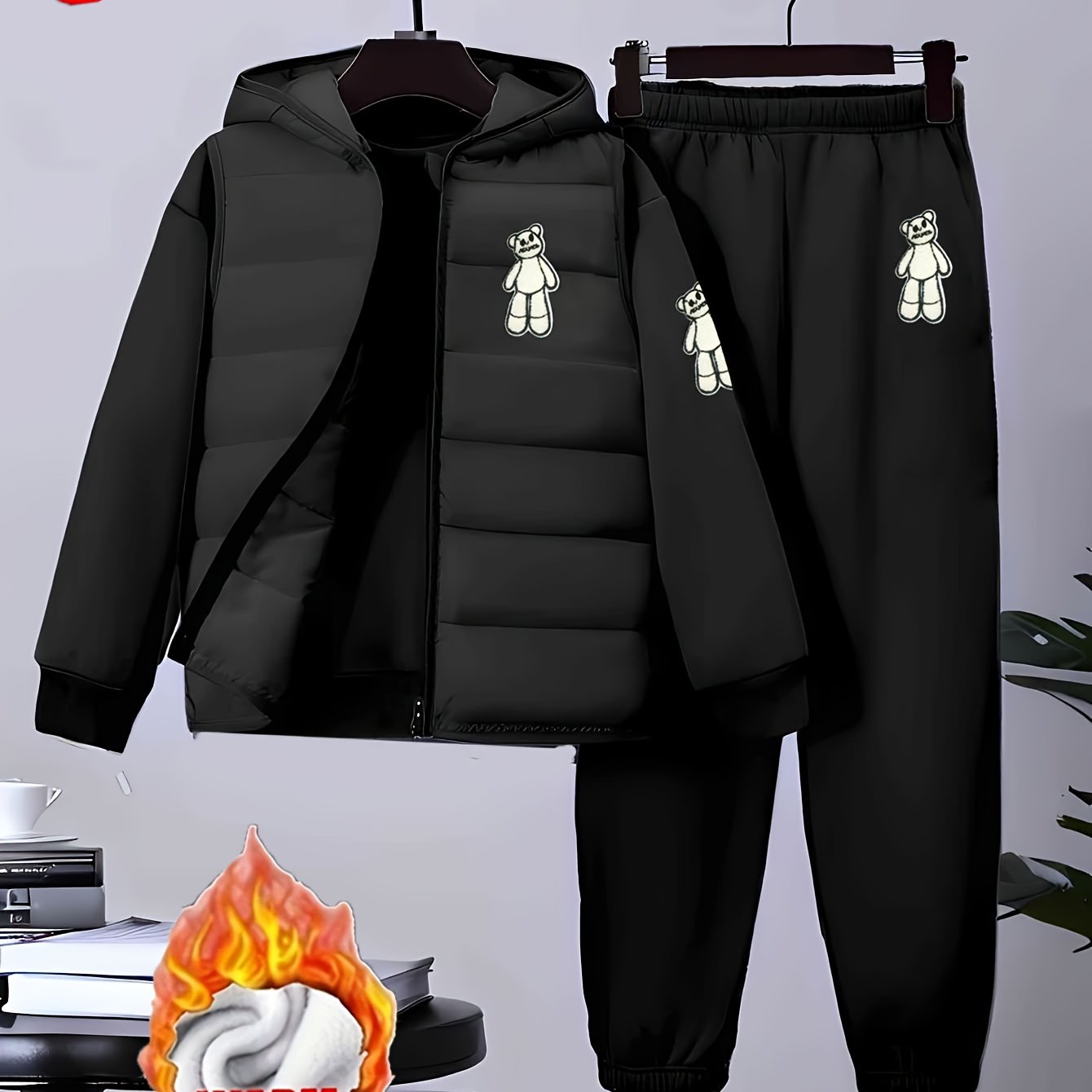 Boys' Autumn and Winter Black Set - 8-12Y Warm 3pcs Outfit (Fleece Vest + Sweatshirt + Pants), Casual Style, for Outdoor