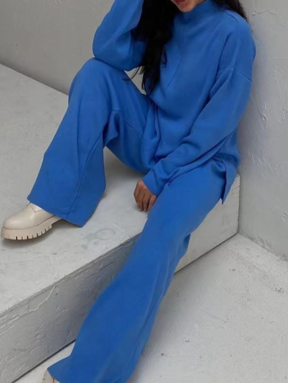 Women'S Elegant Half-Turtleneck Sweater & Pants Two-Piece Set - Oversized Loose-Fit H-Line Silhouette, Soft Stretch Sweater with Asymmetrical Neckline & 3/4 Sleeve, Solid Color Winter Warmth, Casual to Semi-Formal Outfits (Be