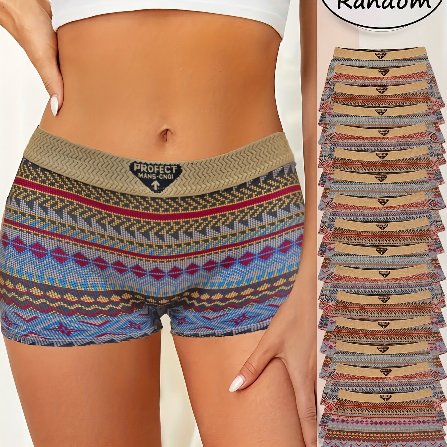 4pcs Women's Ethnic Tribal Print Shorts Underwear - Anti-Chafing Yoga Pants, Soft Mid-Waist Breathable Briefs with Boho Multi-Color (Turquoise/Beige/Brown/Red) Patterns for Gym, Dance & Daily Wear - Machine Washable Safety Sh