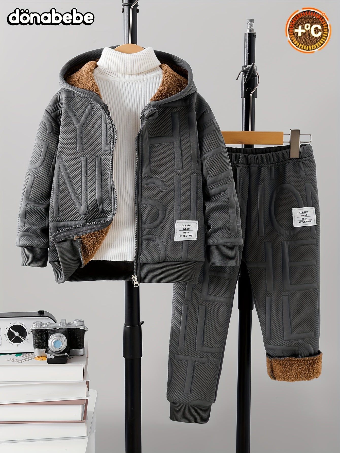 [Winter Jacket & Pants] DONABEBE 2pcs Winter Jacket & Pants Set - Full-Zip Hooded Coat with Fleece, Matching Letter Logo Pants, Warm Casual Outfit for Cold Weather, Cozy 2pcs Clothes (Hand Washable), Perfect for Outdoor