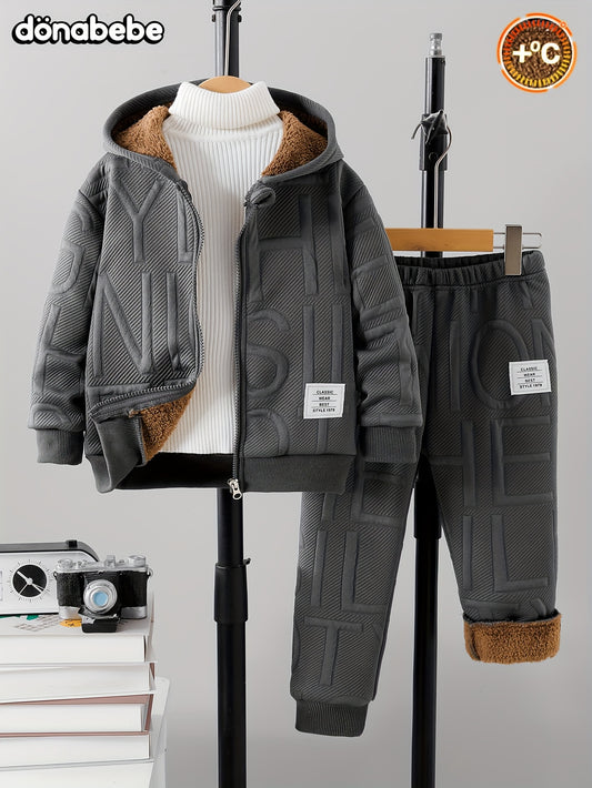 [Winter Jacket & Pants] DONABEBE 2pcs Winter Jacket & Pants Set - Full-Zip Hooded Coat with Fleece, Matching Letter Logo Pants, Warm Casual Outfit for Cold Weather, Cozy 2pcs Clothes (Hand Washable), Perfect for Outdoor