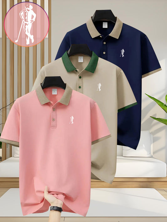 [Ideal Christmas Gift] A Trendy Three-Piece Set of Men's Polo Shirts, Perfect for Casual Wear And Golf, Featuring Print Patterns, a Collared Design, Short Sleeves, Buttoned Neck, And Breathable Fabric, Making It an Ideal Chri