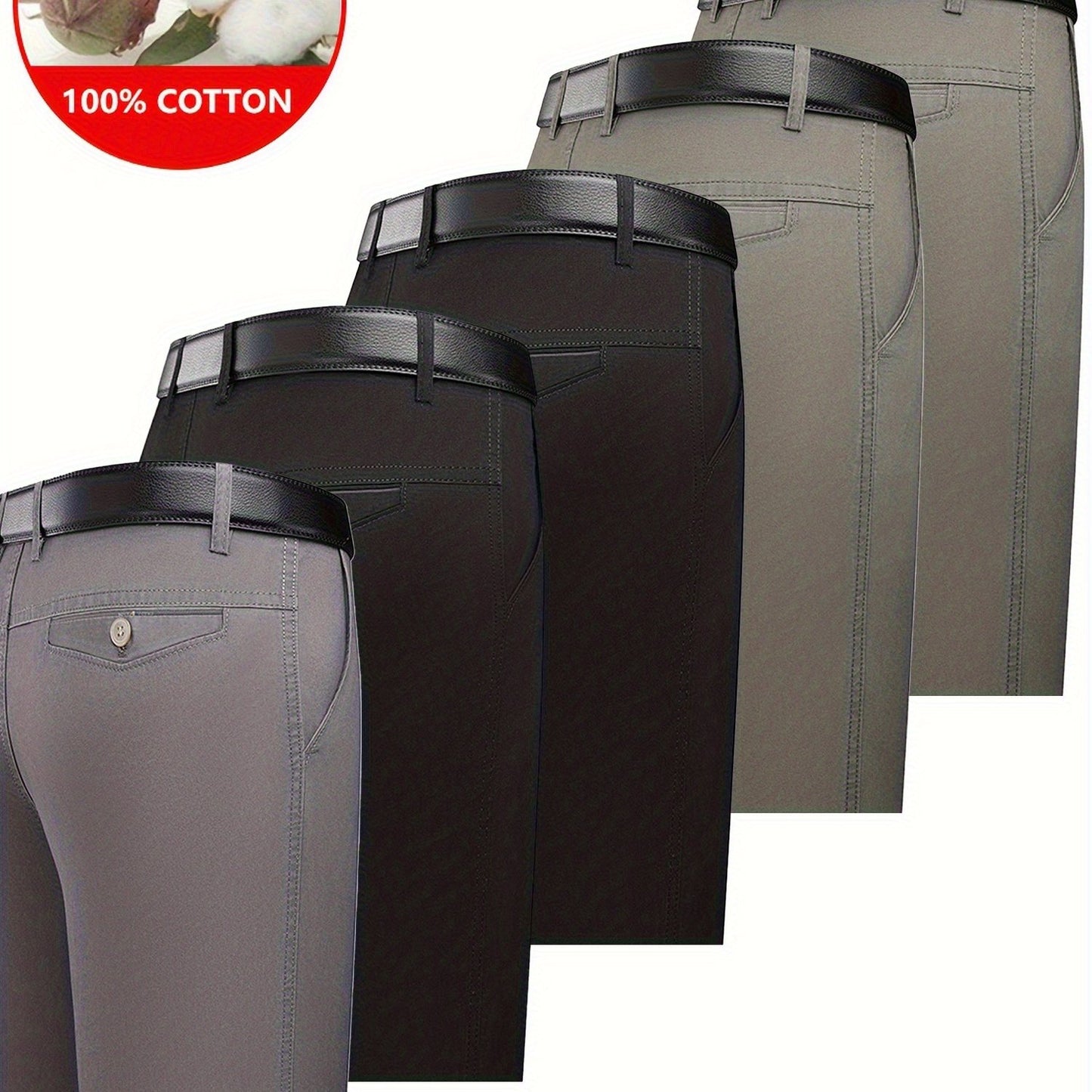 5pcs 100% Cotton Business Casual Pants - High-Waisted Breathable Trousers with Belly, Straight-Leg Cut & Button Closure, Soft Comfortable Pants Suitable for Workplace Commuting & Daily Wear, Spring/Autumn Wardrobe Essential