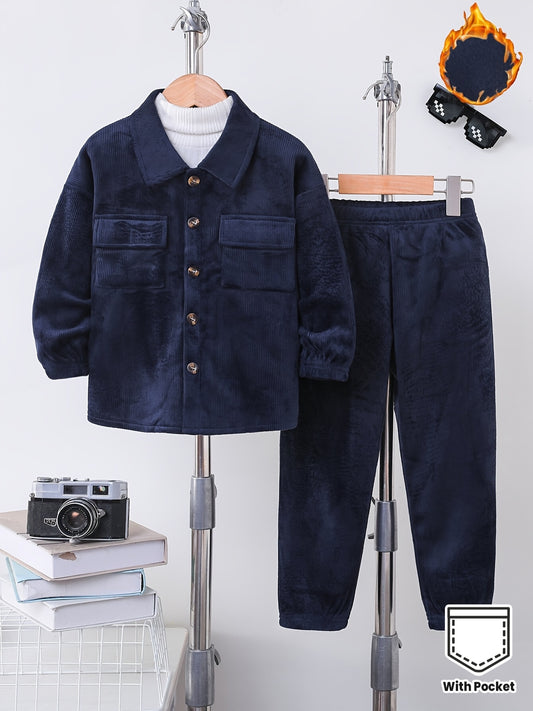 2pcs Boys' Autumn and Winter Set, Classic Collared Shirt with Chest Pocket Design Vintage Solid Color Fleece Thickened Corduroy Pants Suit, Comfortable Thick Clothing for Autumn and Winter, Suitable for Outdoor Sports and Cas