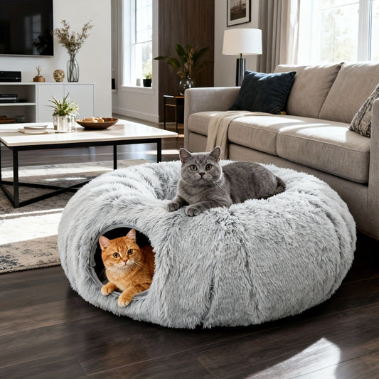 [Cozy Nest for Cats] 2-in-1 Plush Cat Tunnel Bed | Winter Warm Donut-Style Cozy Nest, Enclosed Hideaway with Peekaboo Hole & Hanging Pom Pom Toy, Extra Thick Soft Pet Bed for Anxiety Relief, Deep Sleep, Non Slip Bottom, Multi