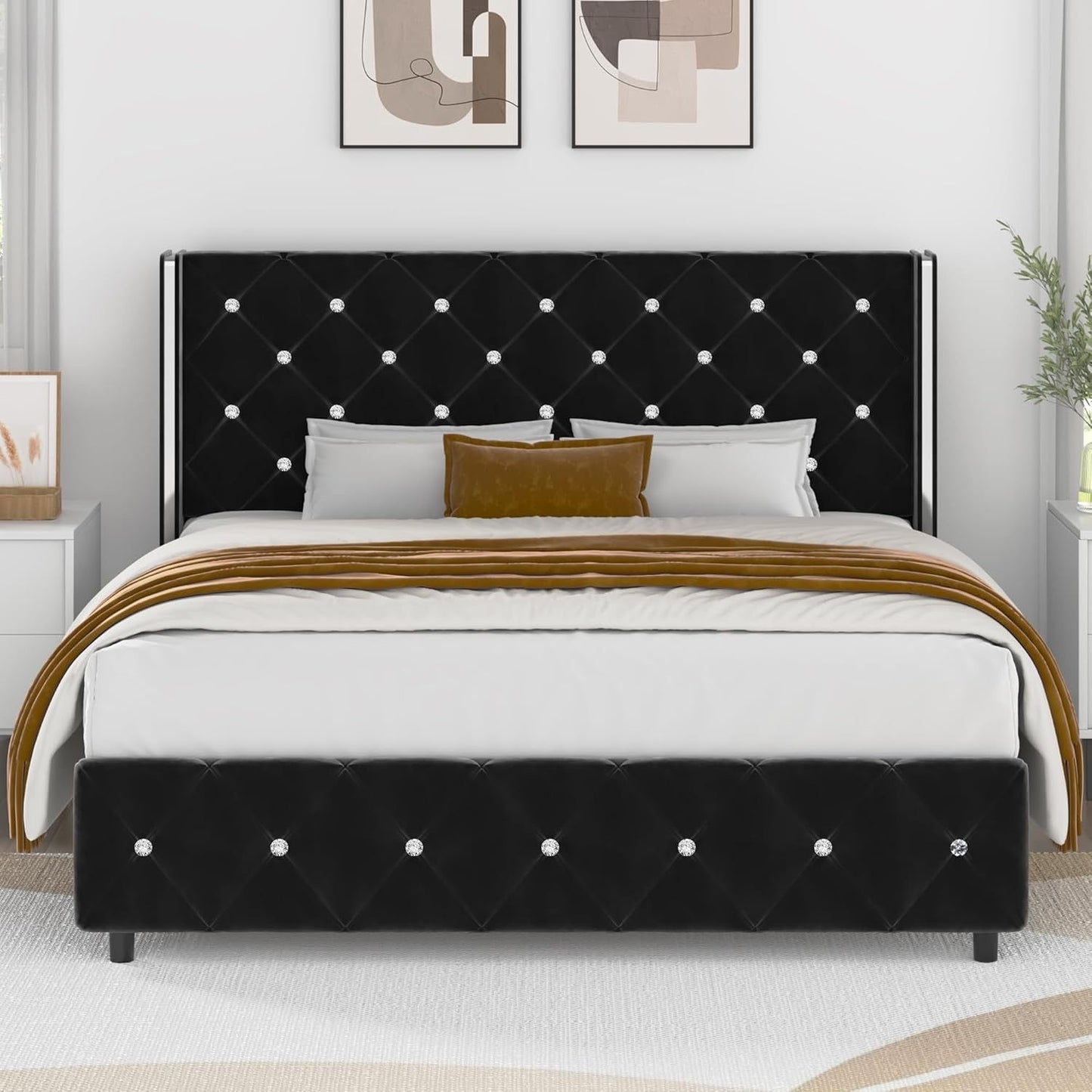 Twin Full Queen King Size Bed Frame, Upholstered Bed Frame with Diamond Tufted Headboard, Modern Silvery Side Wing Back, No Box Spring Needed, Easy Assembly, Purple, Black, Blue, Green, Pink, White
