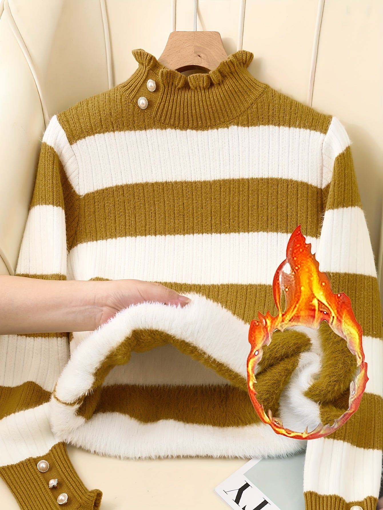 [Fleece Lined Sweater] Women's Cozy Red & White Striped Sweater with Button Detail - Warm Fleece-Lined Crew Neck, Casual Long Sleeve Pullover for Fall & Winter, Winter Clothing | Button Detail Sweater | Fleece Lined Sweater