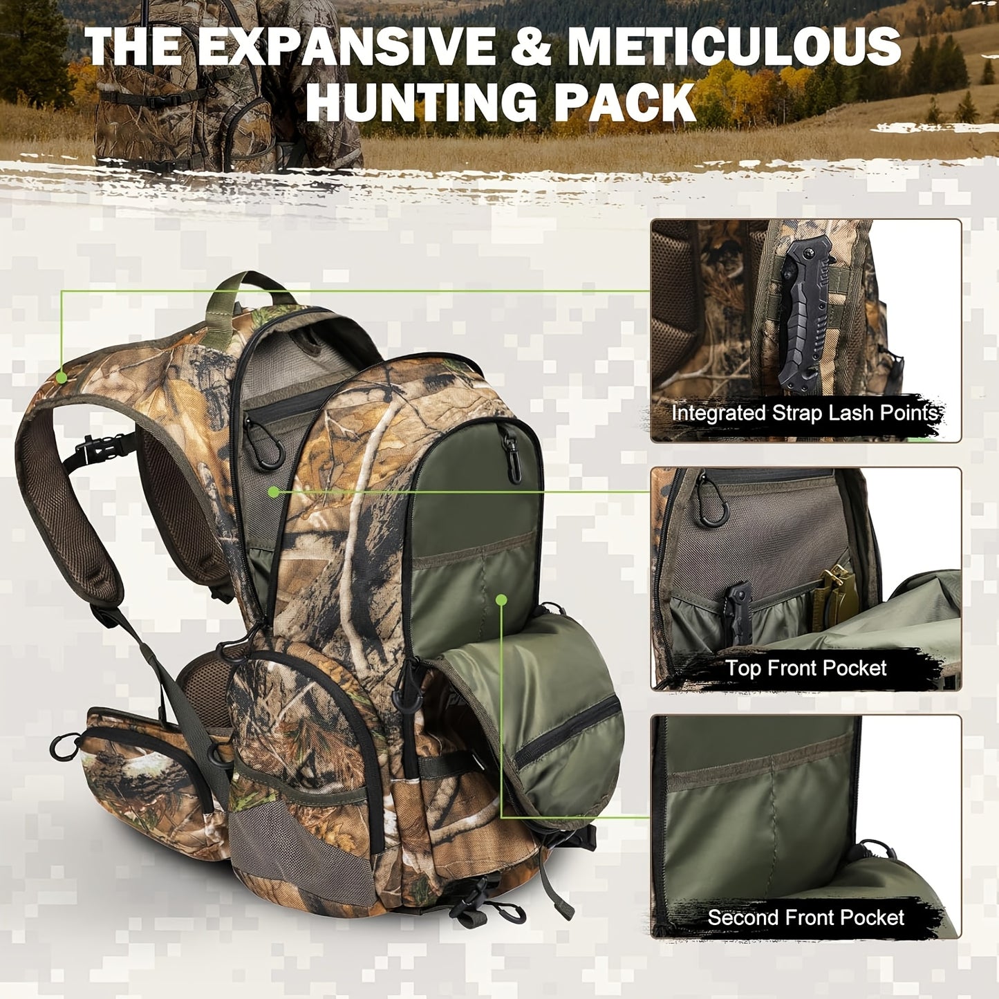 11.89gal Backpack with Rain Cover & Scabbard | Keep Your Deer Hunting Essentials Secure, Brown Polyester, Zipper Closure | Great Gift for Outdoor Men