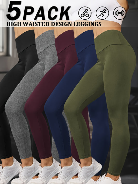 Set of 5 Ultra-Soft Leggings for Ladies, Featuring a High Waist for Tummy Support, Designed for Workouts, Yoga, And Running Without Being See-Through