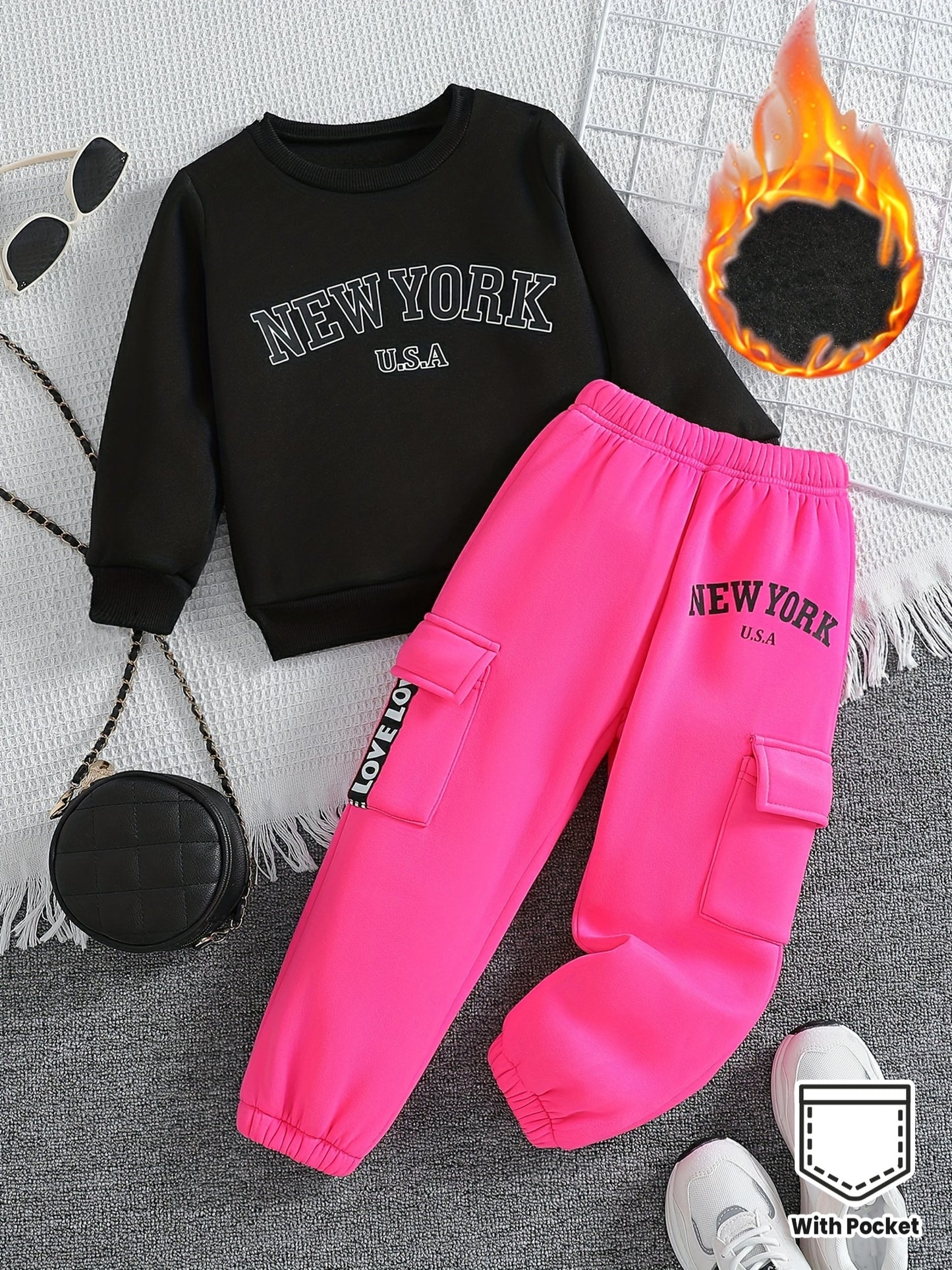 Girls' Letter Print Round Neck Long Sleeve Thick Fleece-Lined Sweatshirt + Letter Print Thick Fleece-Lined Cargo Pants with Side Pockets Fashion Set, Perfect for Outdoor, Thick Fleece-Lined, Sweater Pants, Sweatshirt And Pant