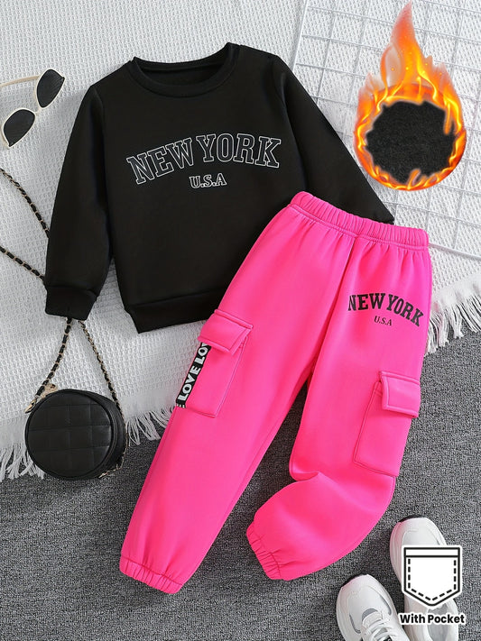 Girls' Letter Print Round Neck Long Sleeve Thick Fleece-Lined Sweatshirt + Letter Print Thick Fleece-Lined Cargo Pants with Side Pockets Fashion Set, Perfect for Outdoor, Thick Fleece-Lined, Sweater Pants, Sweatshirt And Pant