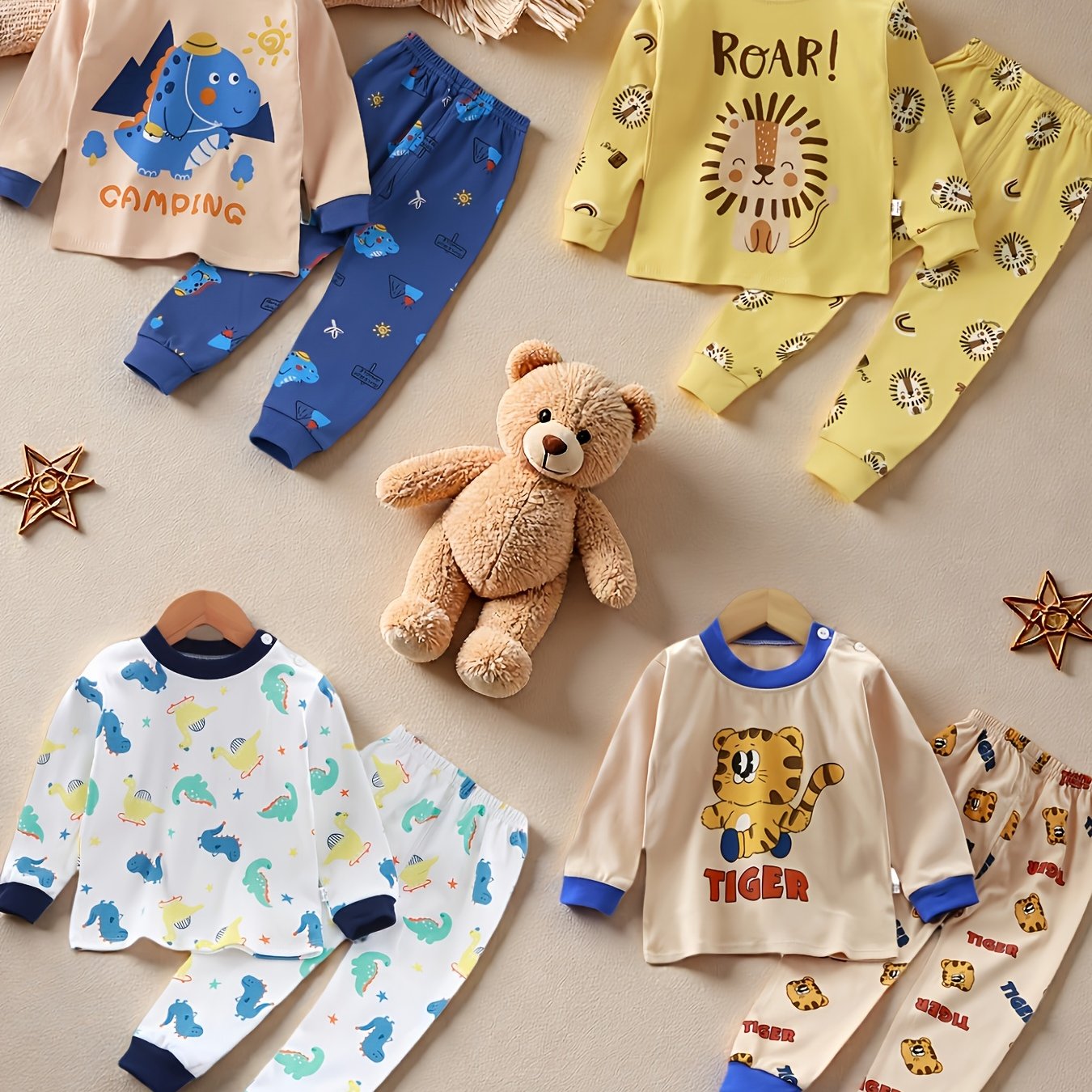 8pcs ' 6-Set 100% Cotton Winter Clothes - Soft & Warm Family Matching Outfits with Lion, Tiger, Bear, Dinosaur, Camping & Jungle Animal Prints | Cozy Playtime & Christmas Party Outfits | Ideal Gift Set for ( to 5 Years) - Eas