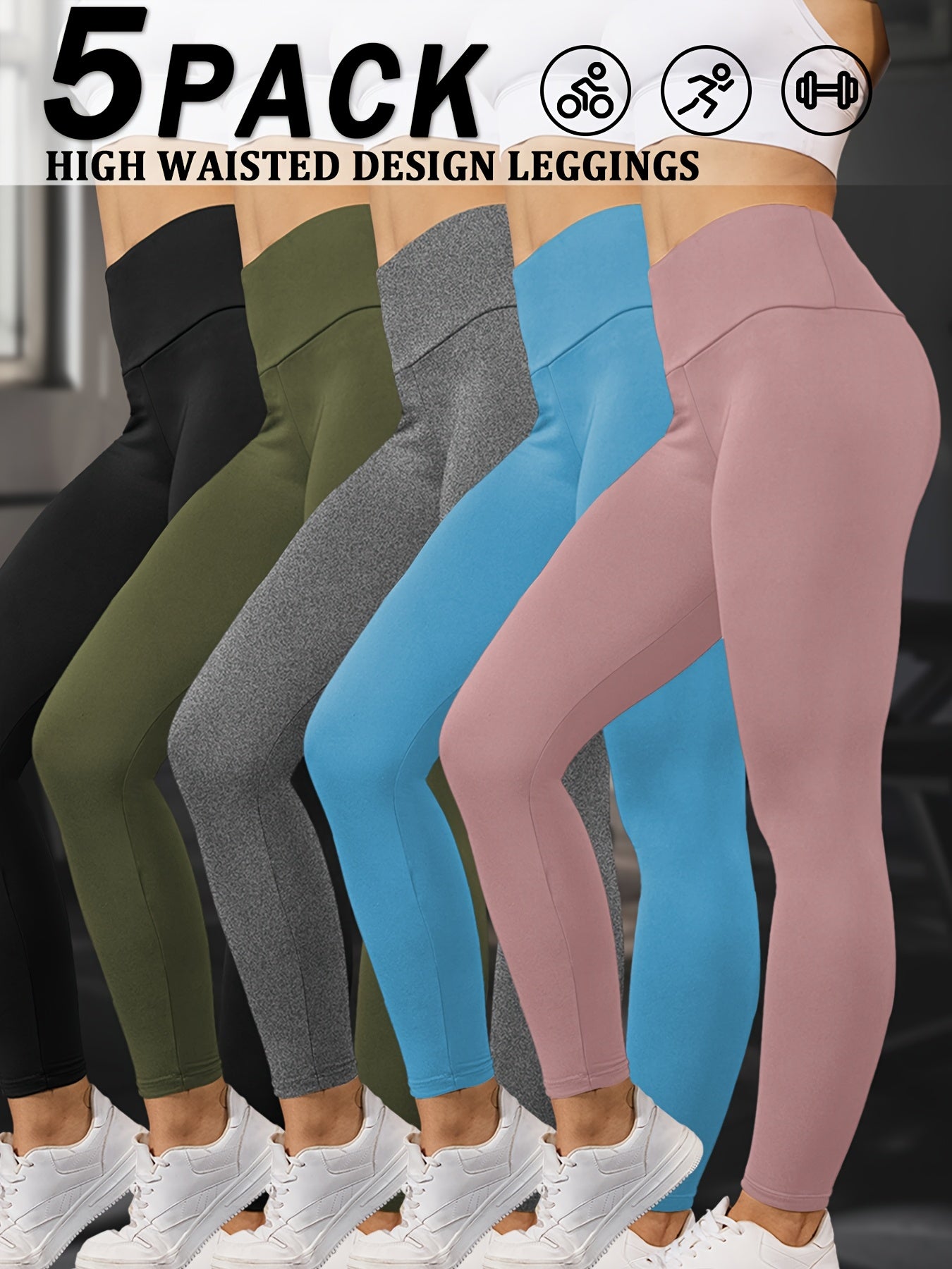 Set of 5 Ultra-Soft Leggings for Ladies, Featuring a High Waist for Tummy Support, Designed for Workouts, Yoga, And Running Without Being See-Through