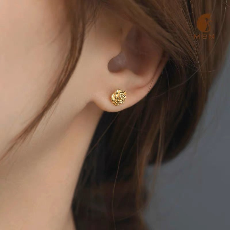 Women'S Rose Stud Earrings - Real Golden-Tone Flower Jewelry, Elegant Everyday & Formal Earrings for Women, Birthday/Anniversary Gift