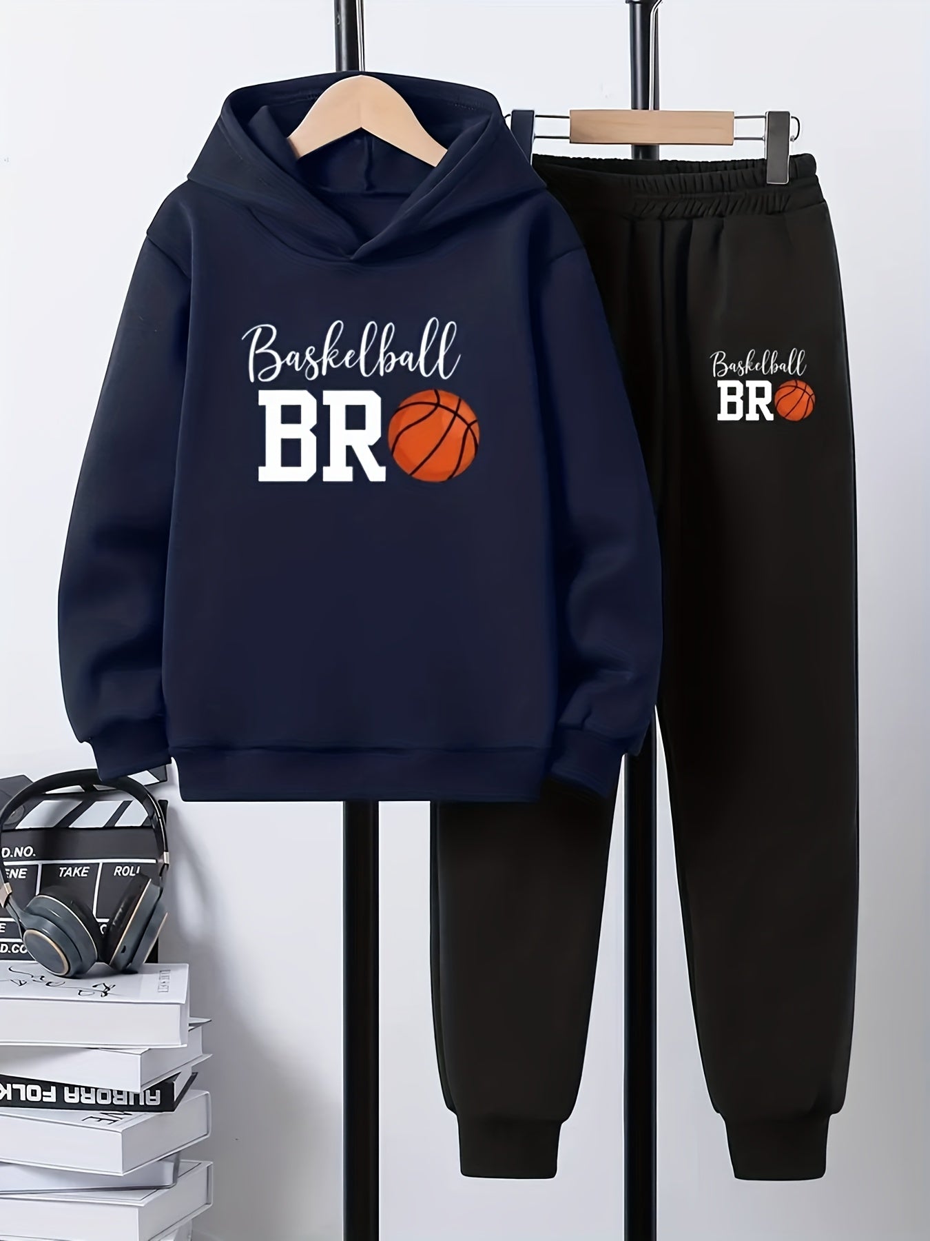 2pcs Boys' Basketball Outfit Set - Hoodie & Joggers with BR Print, Thick Winter Warmth, Machine Washable Casual Playwear for School & Practice, for Outdoor, Perfect For Youngsters' Sports & Activities