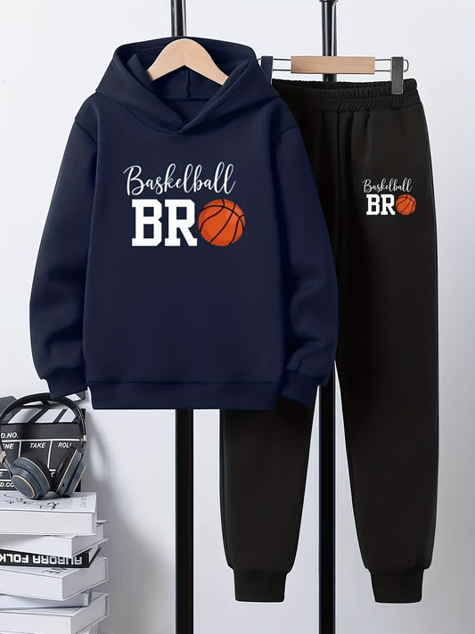 2pcs Boys' Basketball Outfit Set - Hoodie & Joggers with BR Print, Thick Winter Warmth, Machine Washable Casual Playwear for School & Practice, for Outdoor, Perfect For Youngsters' Sports & Activities