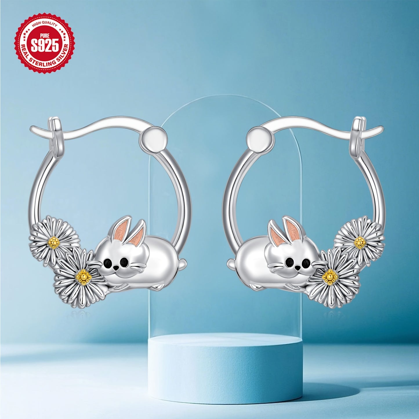 Bunny Hoop Earrings for Women S925 Sterling Silvery Rabbit Earrings with Daisy Flower Cute Animal Jewelry Gifts