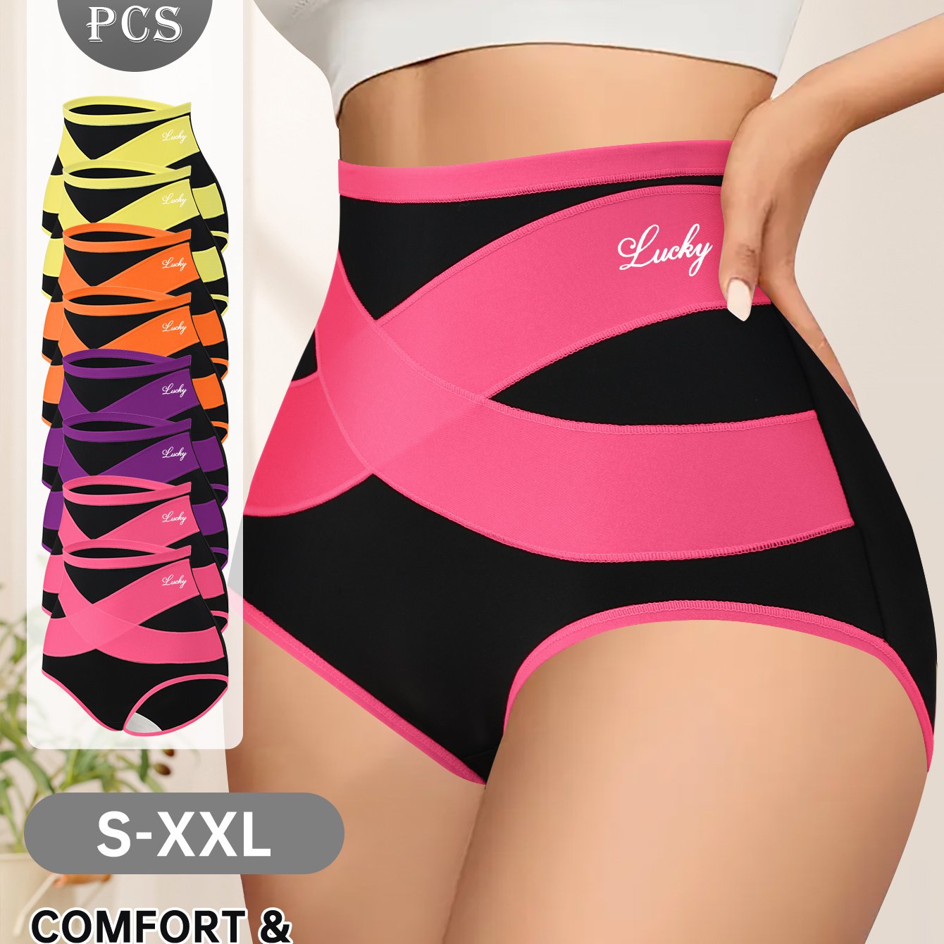 8pcs High Waist Women's Color Clashing Shaping Panties, Cross Waistband Design, Comfortable And Breathable Mesh Fabric, Wrapping Belly, Shaping Body, Polyester And Spandex Blend, High Waisted Tummy Tucking Underwear, Suitable