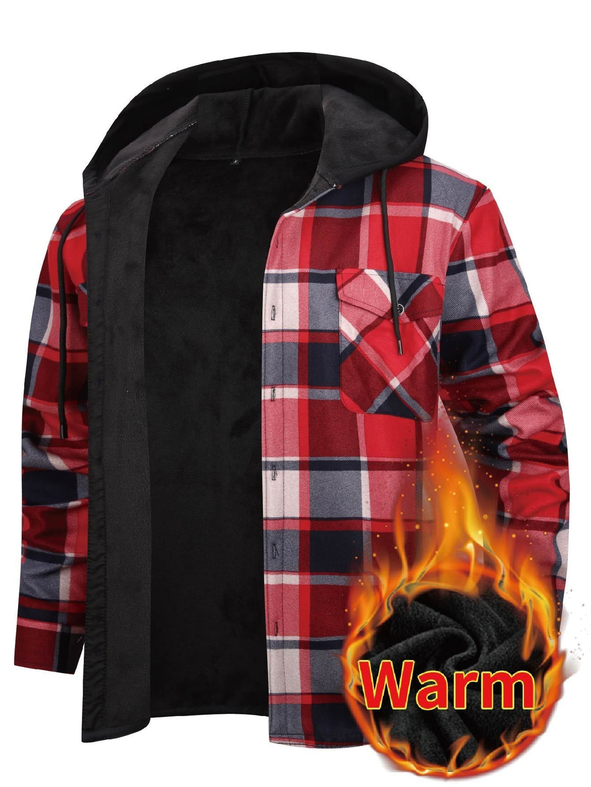 Men's Winter Plush-Themed Hooded Shirt Jacket - Thickened Button-Front Outdoor Coat with Pockets, Loose Fit Casual Blazer (Hand Washable, Fall/Winter) | European/Emerican Sizing for Cold Weather Layering