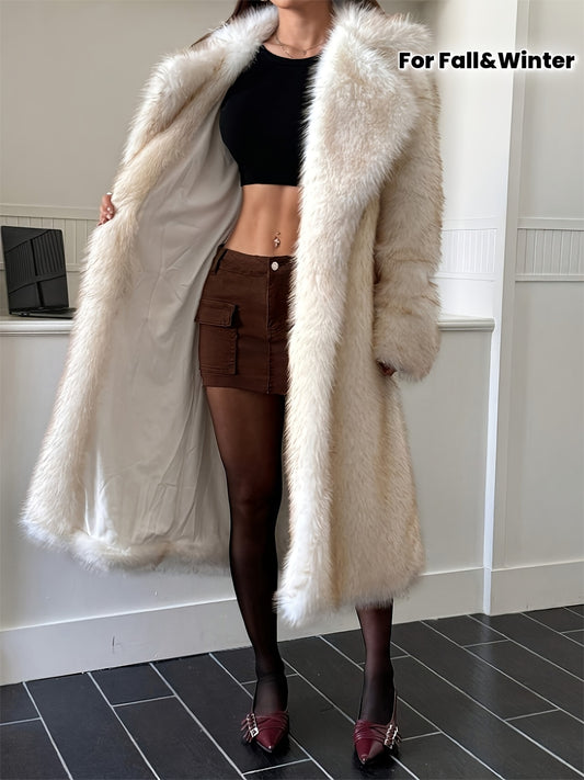 Women'S Elegant Long White Faux Fur Coat - Thickened Winter Warm Full-Length Coat with Gradient Color Design, Open Front Closure & Long Sleeves, Luxurious Winter Outerwear for Fall and Winter, Versatile for Casual Formal Outf