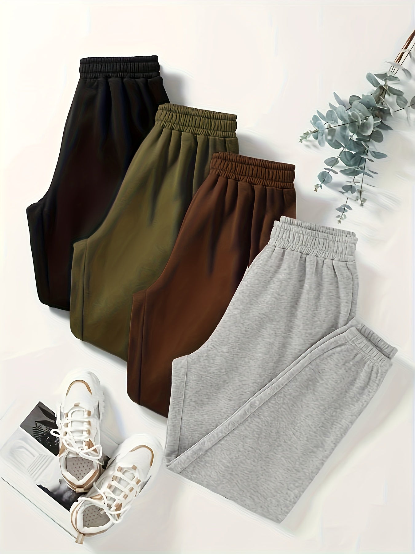 [4 Pack Sweatpants] Solid Color Simple Sweatpants 4 Pack, Versatile Elastic Waist Jogger Pants For Spring & Fall, Women's Clothing