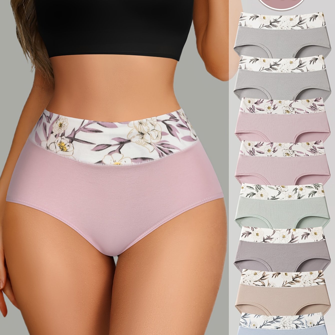 8pcs Women's Floral Print Underwear - Soft Pink with White & Black Flowers, Breathable Elastic Waistband, Fashionable Romantic Briefs for Daily Wear, Comfortable & Stylish, Daily Wear Underwear | Floral Print Briefs | Breatha