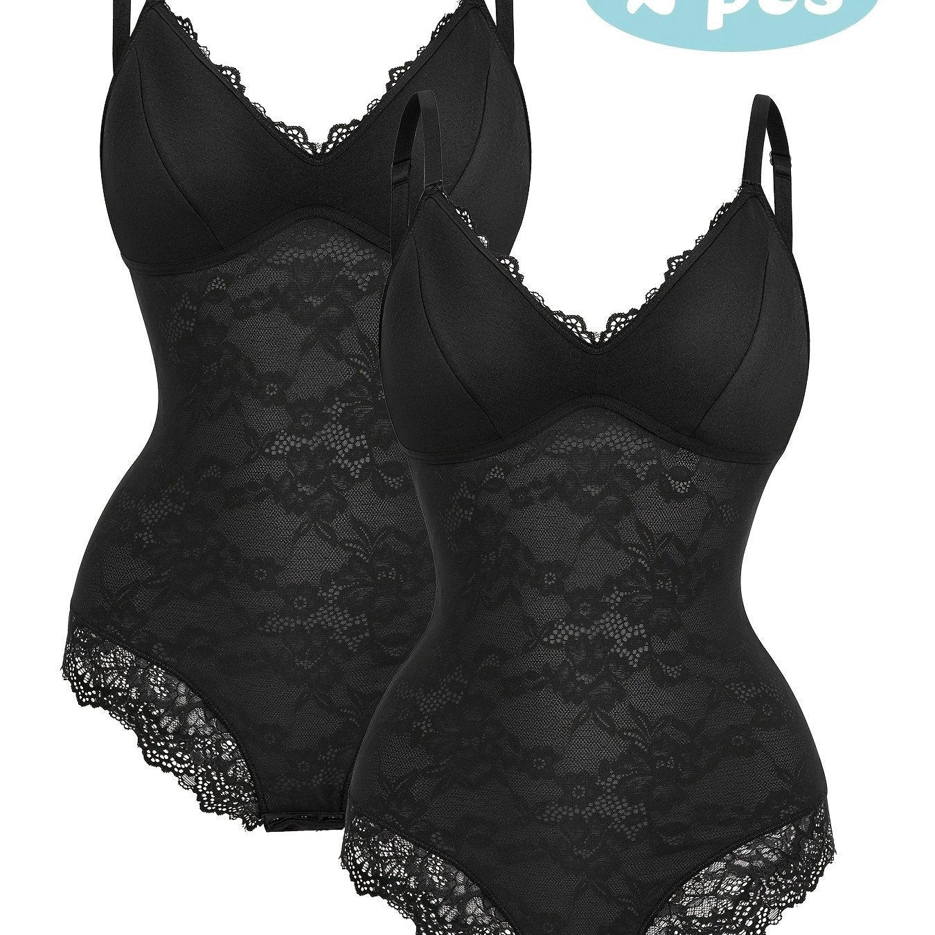 Two-Pack Large Size Women's Printed Lace Shapewear Body Suit Abdominal Shapewear V-Neck Vest Style Top Body Shaper