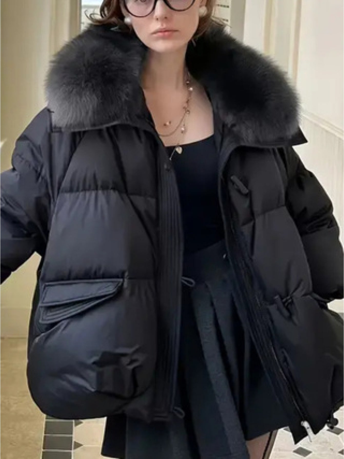 Women's Elegant Faux Fur Hooded Jacket with Thickened Fleece Lining - Windproof Winter Coat, Full-Zip Insulated Outerwear, Slim-Fit Warm Jacket with Pockets for Casual & Formal (White/Light Grey) - Cozy Fall & Winter Jacket