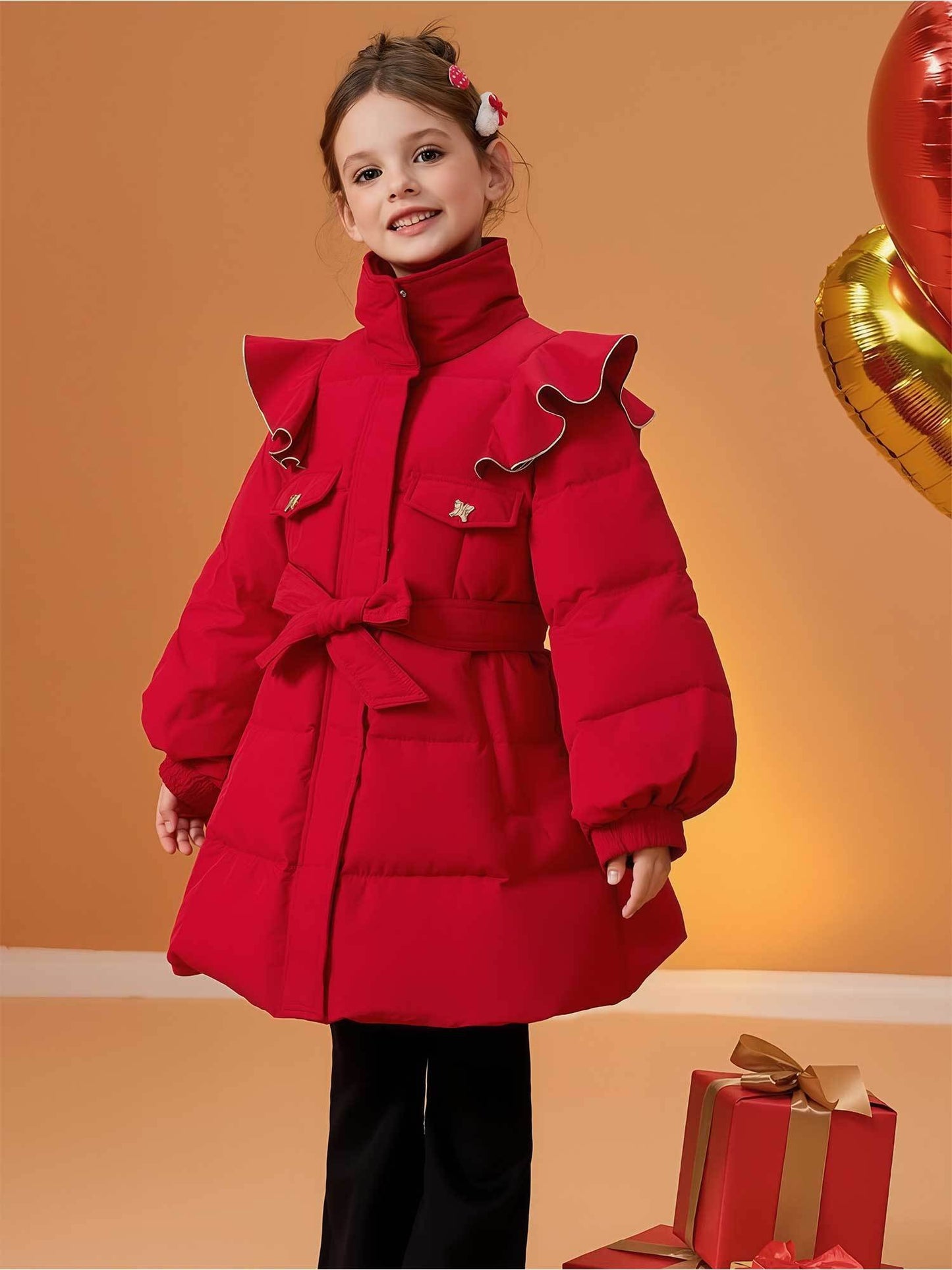 Girls' Red Jacket with - Winter Coat with Padded Warmth, Bubble Sleeves & Ruffled Collar, Bow Belt - Loose-Fit High-Neck Zipper Jacket for Christmas, New Year Parties (Chest Puff Trim) - Older Outerwear