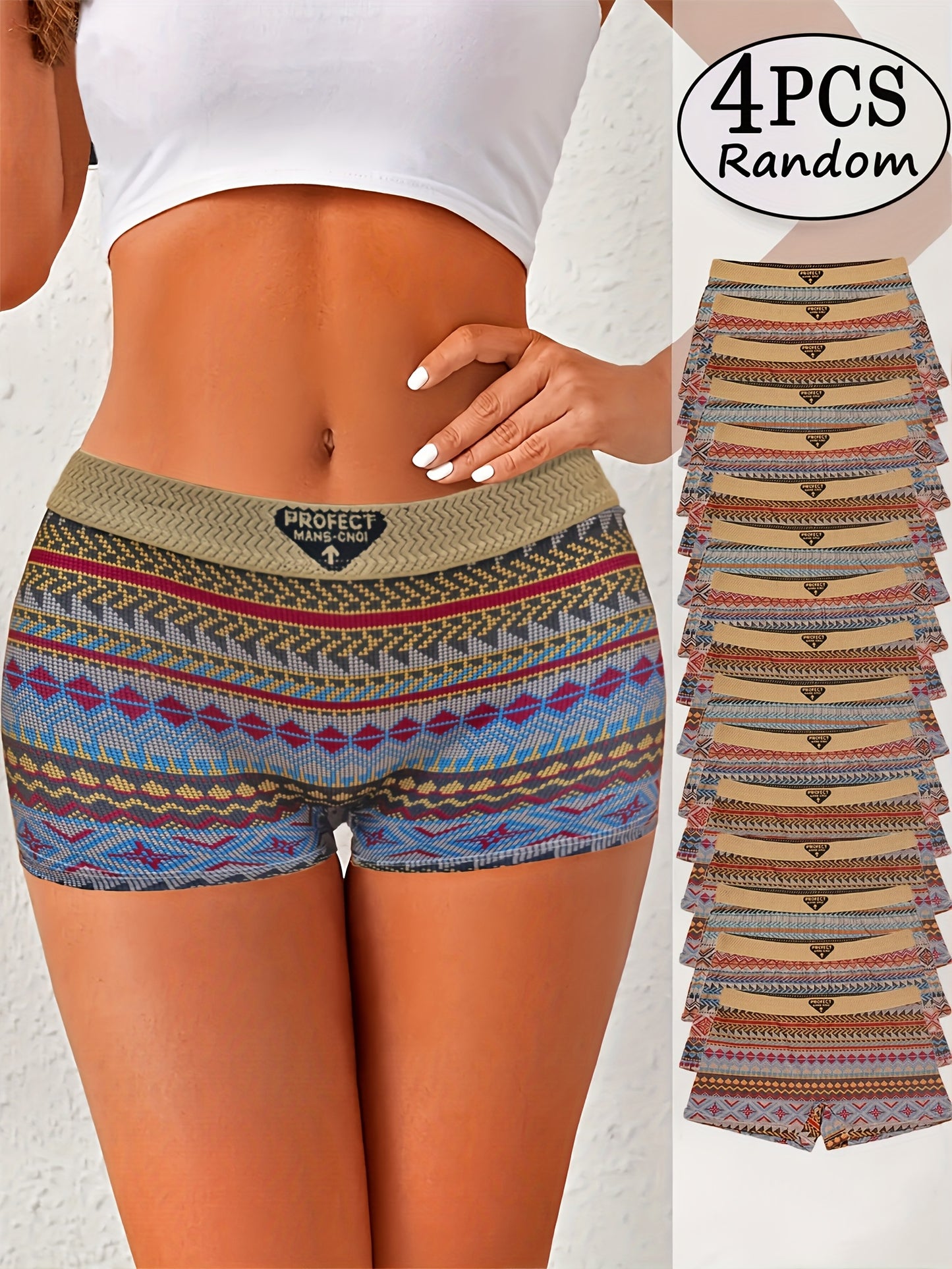 4pcs Women's Ethnic Tribal Print Shorts Underwear - Anti-Chafing Yoga Pants, Soft Mid-Waist Breathable Briefs with Boho Multi-Color (Turquoise/Beige/Brown/Red) Patterns for Gym, Dance & Daily Wear - Machine Washable Safety Sh