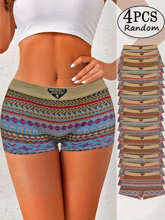 4pcs Women's Ethnic Tribal Print Shorts Underwear - Anti-Chafing Yoga Pants, Soft Mid-Waist Breathable Briefs with Boho Multi-Color (Turquoise/Beige/Brown/Red) Patterns for Gym, Dance & Daily Wear - Machine Washable Safety Sh