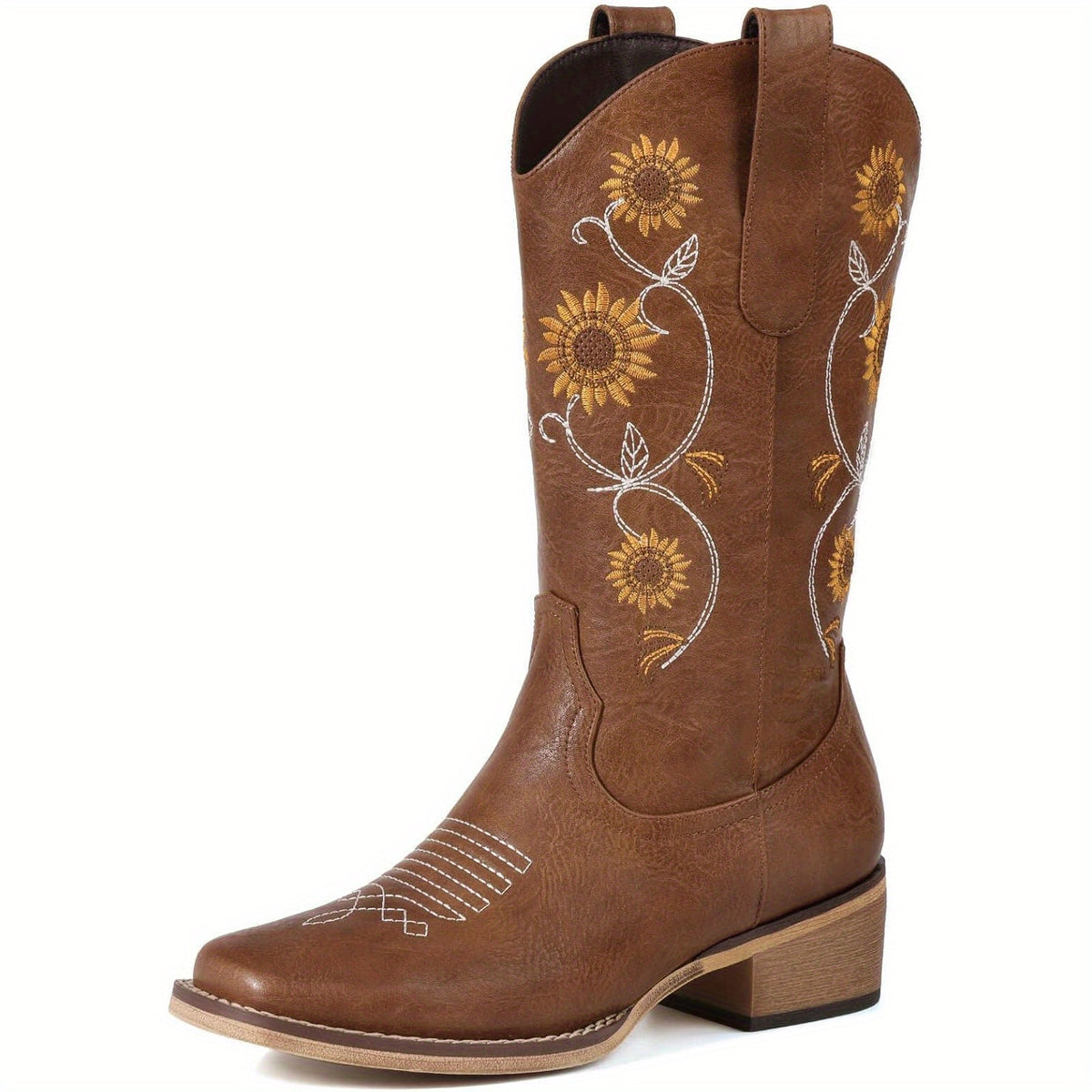 Women's Mid-Calf Cowboy Boots | Western Sunflower Embroidery | Square Toe, Chunky Heel Pull-On Design | Faux Cover with Fabric Lining & Rubber Sole | Elegant Retro Style for Country Outings and Concerts, Western Style Boots |