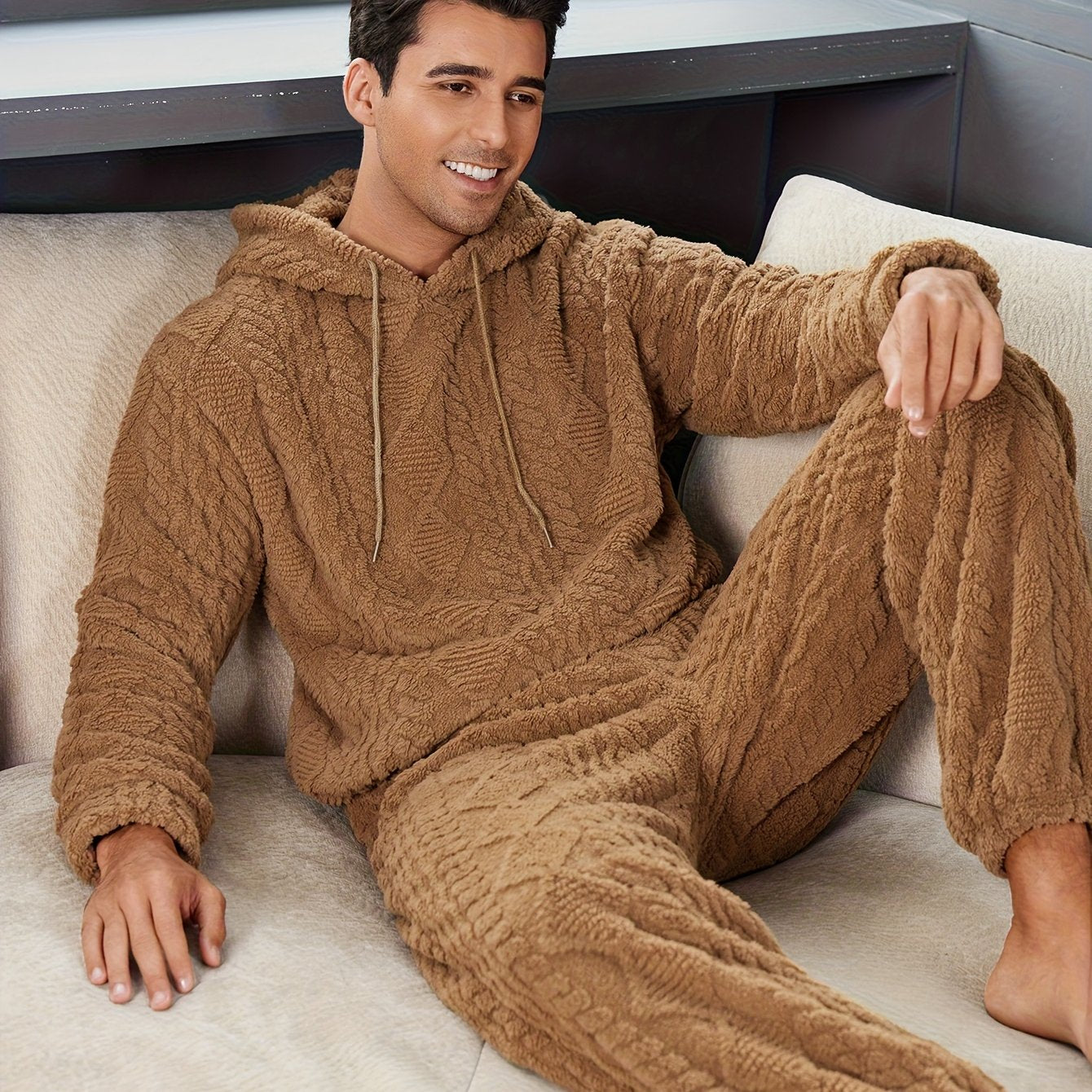 Solid Color • Plush Jacquard • Hooded • Men's Loungewear Set