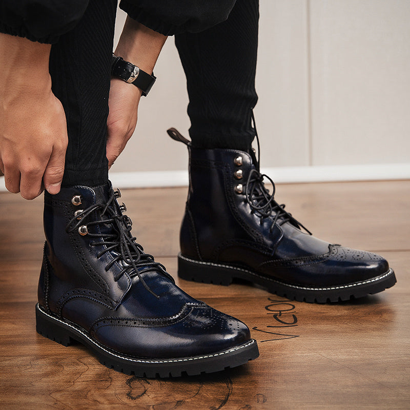 Men's Mid-Calf Lace-Up Boots - Red Business Casual Shoes with Round Toe, Breathable PU & Rubber Sole for All-Season Versatile Wear, Stylish Dress Boots for Office & Everyday Use