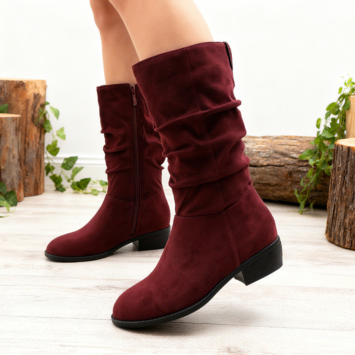 GLAZE Women's Wide Calf Slouchy Knee-High Boots - Chunky Low Heel, Beige/Brown Zipper Closure Winter Boots with Almond Toe & Round Heel, All-Season Round-Toe Trench Boots (Zippered Collar, Fabric Upper)