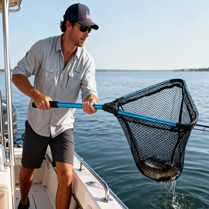 1 Triangle Fishing Net | Foldable, Lightweight & Strong Landing Net with Non-Slip Elastomer Handle, Built-in Elastic Lanyard and Belt Clip, Aluminum Alloy - Ideal Gift for Men