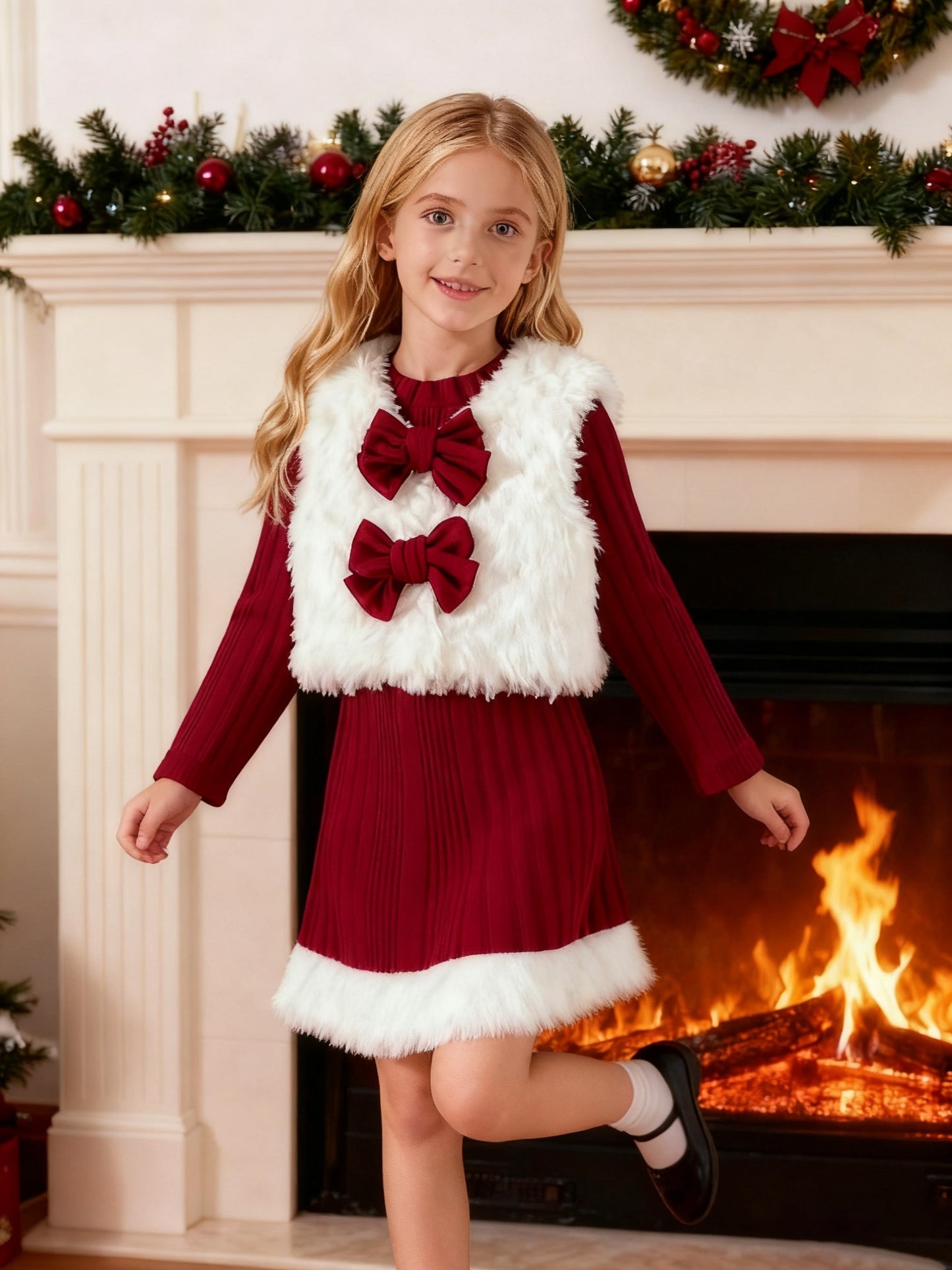 Girls 2pcs autumn and winter fashion casual suit dress with bowknot decoration plus fluffy sleeveless vest top soft and comfortable knitted ribbed sleeve dress long skirt for party, school, Christmas, children's gift year sui