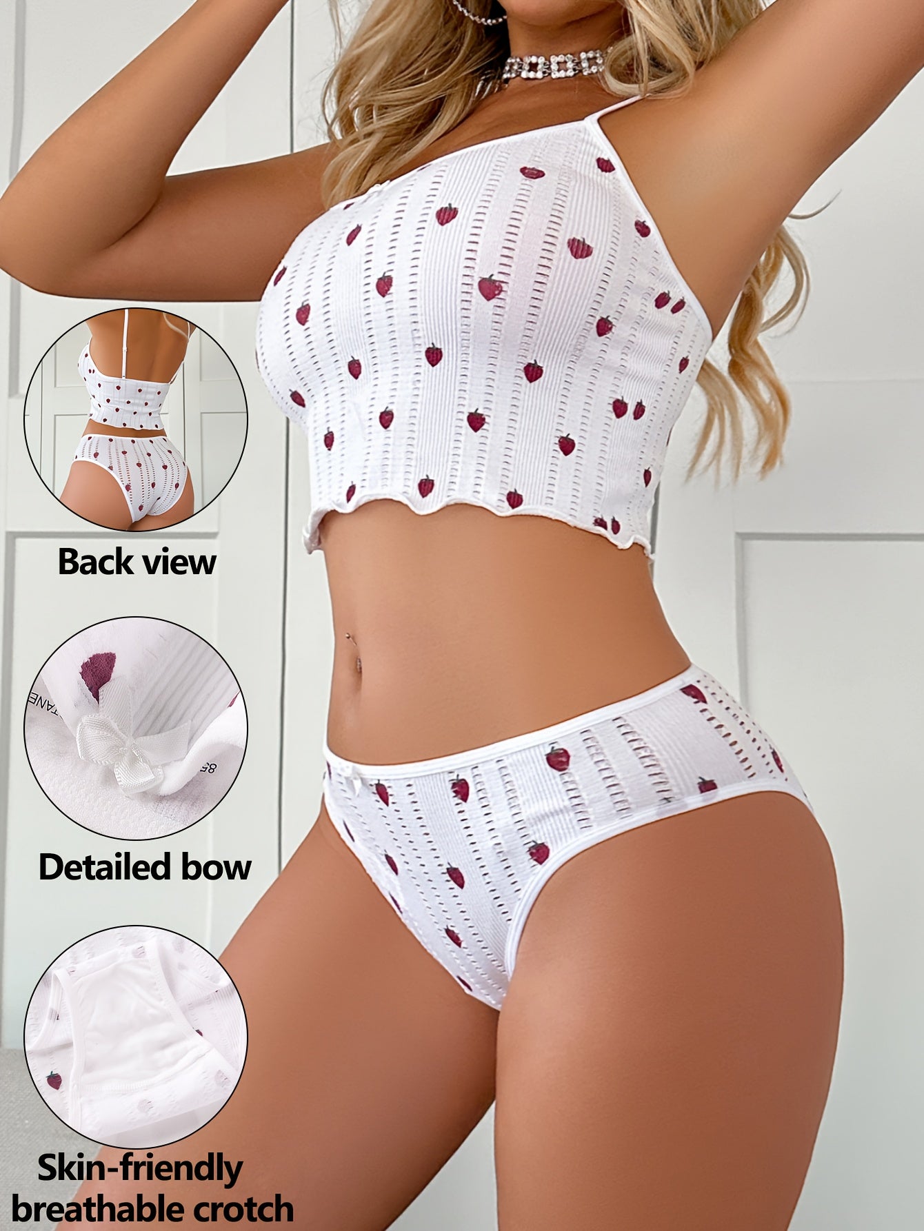 [Playful Strawberry Bra Set] 1 Set Comfortable & Breathable White Strawberry Pattern Bra & Briefs - Light Beige-Friendly, Detailed Bow Design, Perfect for Casual Attire, Playful Design Bra Set