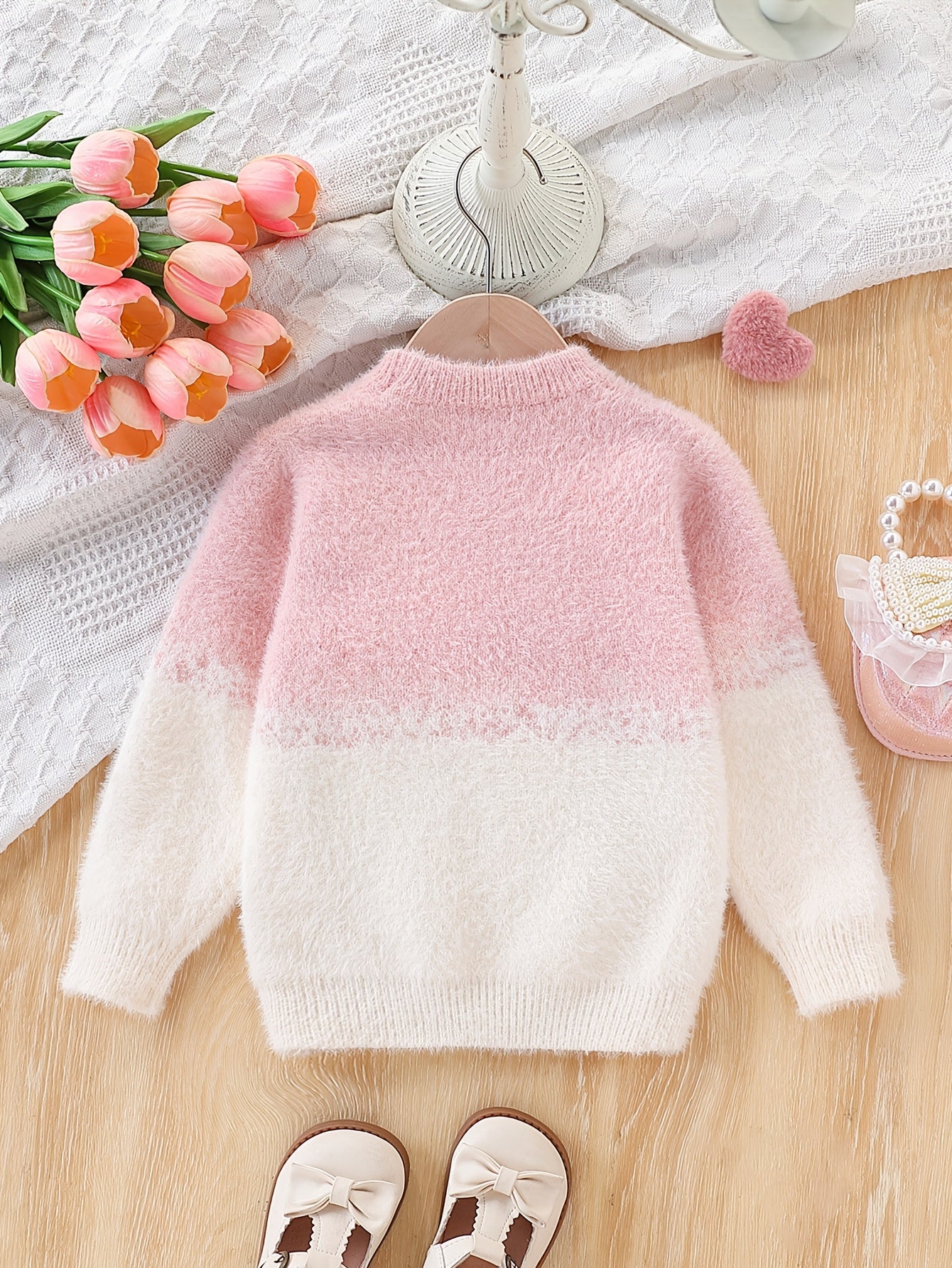 Girls' Pink 3D Cherry Knit Sweater - Cozy Winter Warmth, Thickened 3-Layer Design, Long Sleeve Round Neck, Soft Acrylic & Polyester Blend, Perfect for Girls, Cute Sweaters for Girls, Winter Wear, Cute Outfit, Medium Stretch F