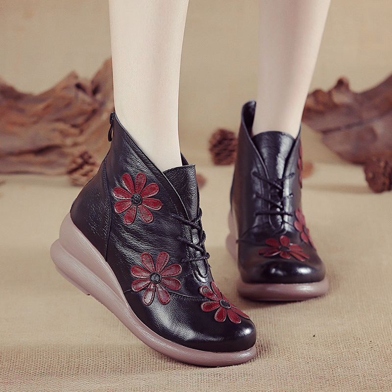 Women'S Genuine Leather Platform Ankle Boots with Floral Embellishment - Chunky Heel, Round Toe & Zipper Closure, Warm & Cushioned Insole, Casual to Semi-Formal Cowhide Boots for Everyday Comfort (Brown/Red) - Hand Washable R