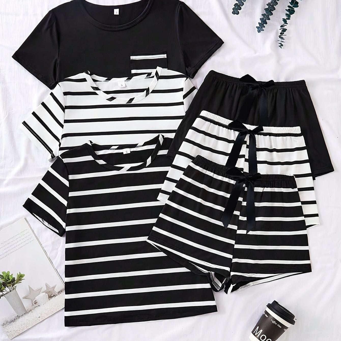 3pcs Set, Striped Short Sleeve Crew Neck Top and Shorts  Set, Casual Style