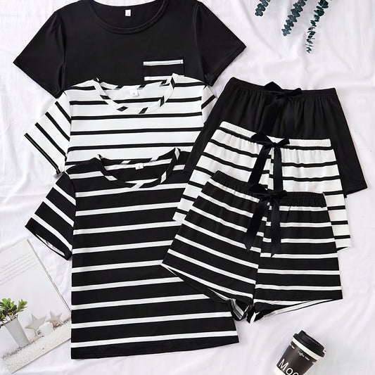 3pcs Set, Striped Short Sleeve Crew Neck Top and Shorts  Set, Casual Style
