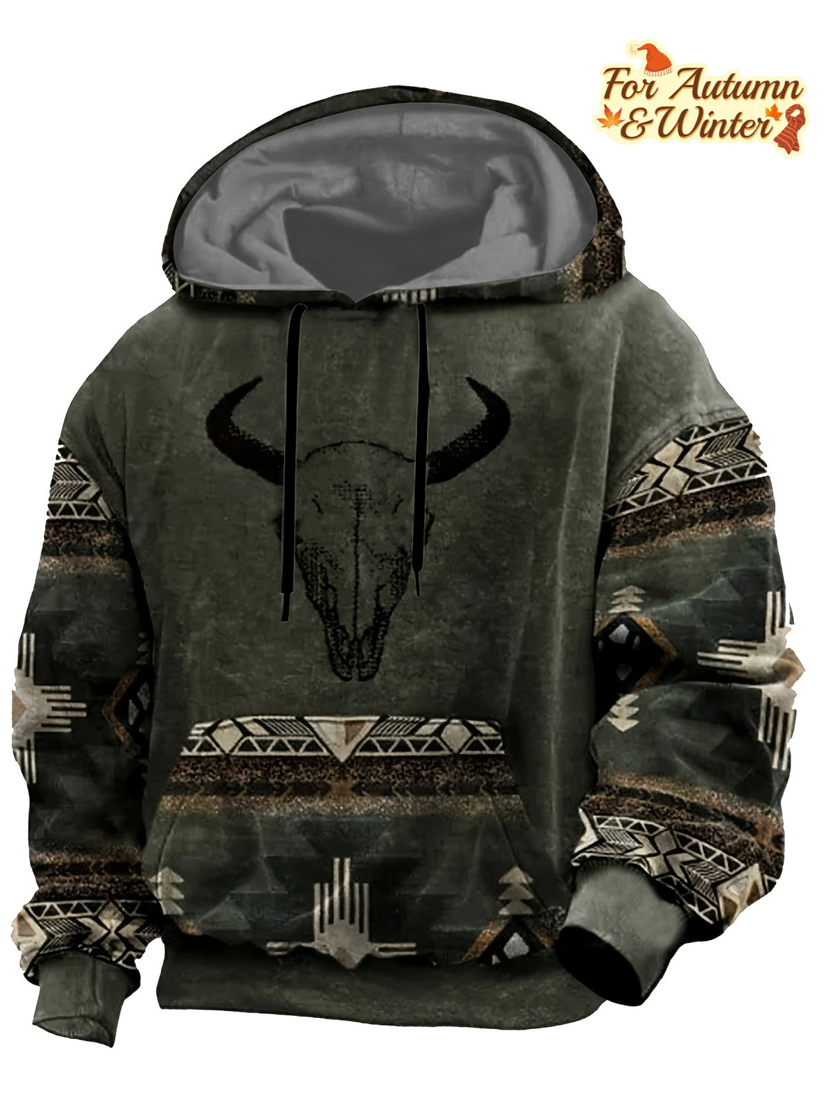 Men'S Retro 3D Digital Print Hoodie with Bull Skull & Tribal Geometric Pattern - Stretch Fabric, Kangaroo Pocket, Machine Washable, Regular Fit Pullover Sweatshirt for Autumn Winter Casual Streetwear - Native American-Inspire