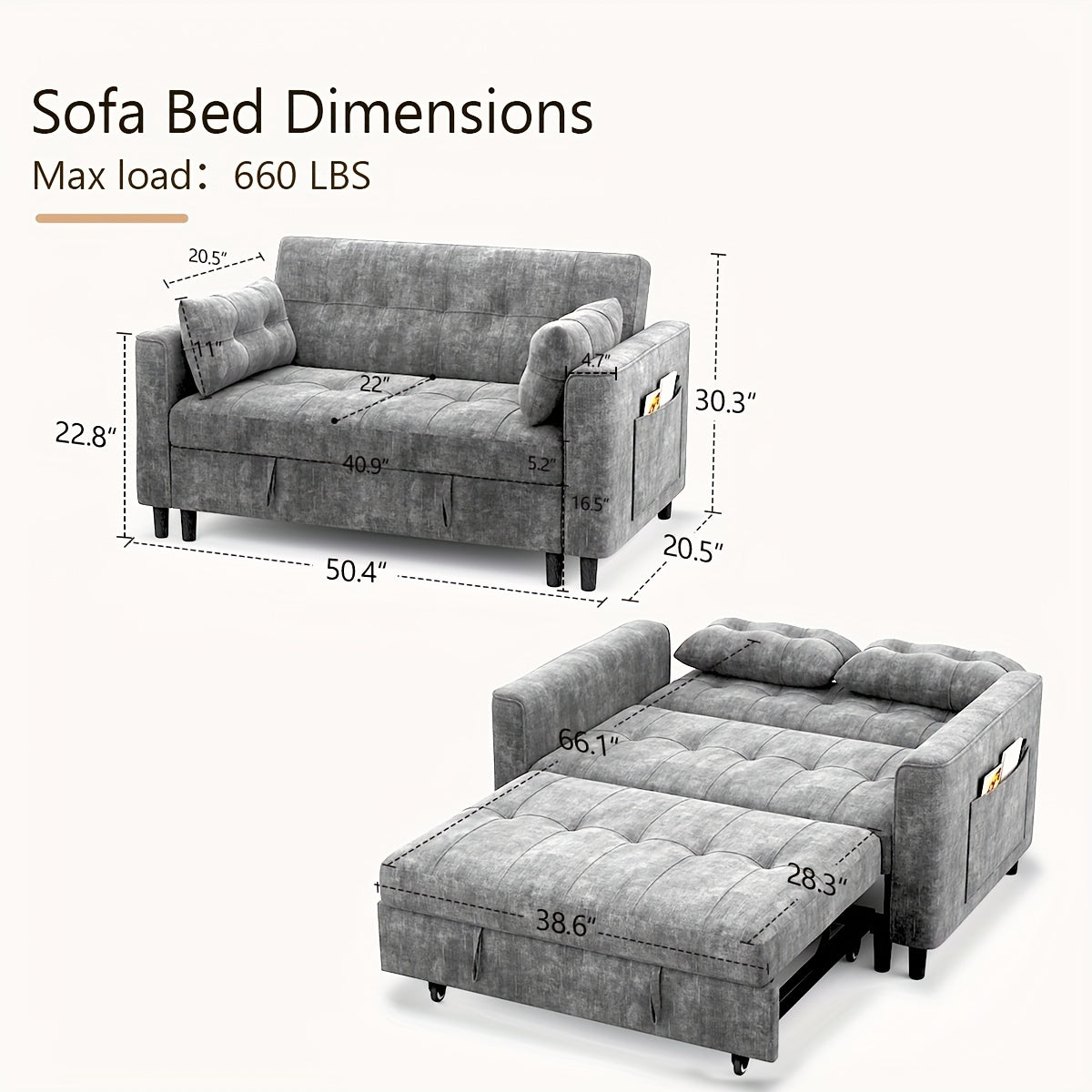 Convertible 3-in-1 Sofa Bed, Foldable Sleeper Chair with Pull-Out Design with Soft Chenille Fabric and Pull-Out Sleeper, Sturdy Wood Frame, Adjustable Backrest, Side Storage Pockets, Space-Saving Modern Sofa Bed for Living Ro