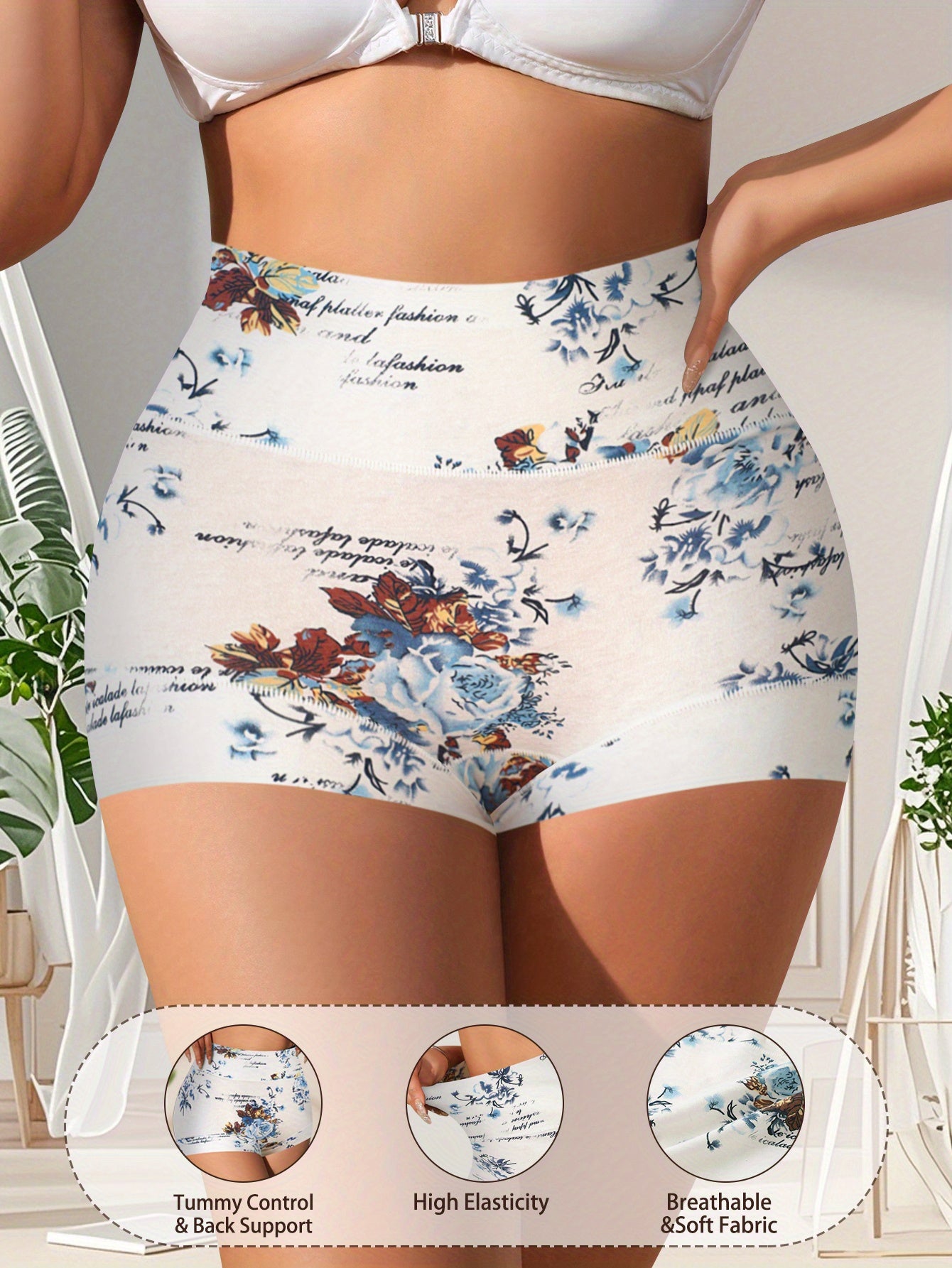 QUASTI 8pcs Comfy Floral Print Triangle Plus-size Panties- Soft, Breathable, Stretchy, And Intimates for Women- Lingerie And Underwear Essentials for Everyday Comfort Elegant Design, High Cut Panties for Women Plus Size, Plus