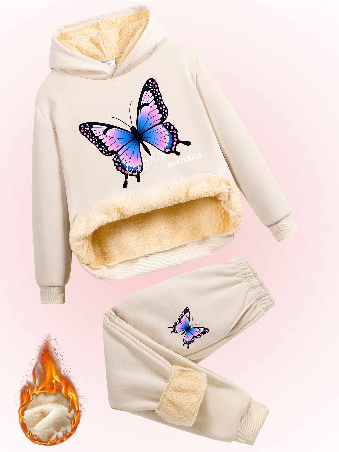 2pcs Girls' Butterfly Print Fashionable Versatile Hoodie + Pants Set, Winter Plush Lined Warm Comfort Casual Outfit for Daily and Outdoor Activities, Perfect for Outdoor