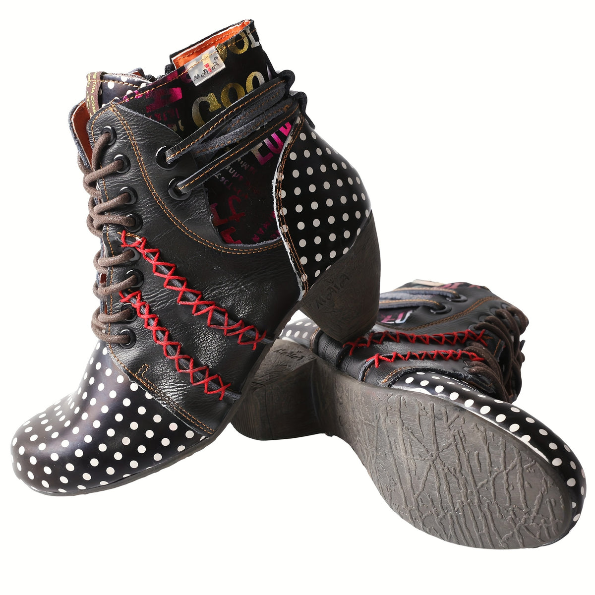 TMA EYES Women's Winter Snow Boots - Thick Heel TPR Sole, Genuine-Like Leather Upper (Second-Layer Cow/Pigskin), Polka Dot & Patchwork Design, Side Zipper Strap, Hand-Stitched Round Toe - Boots for Snow, Ice, Casual &
